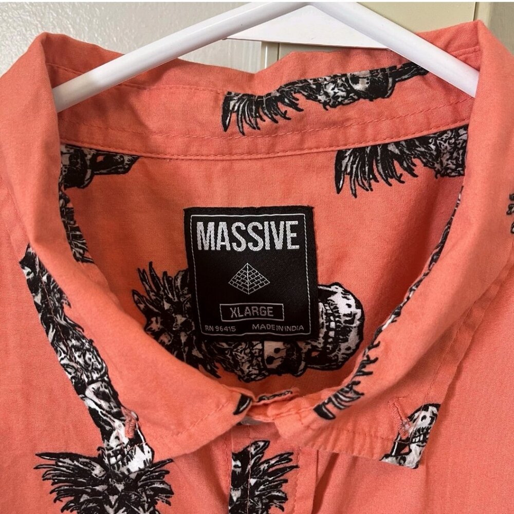 Pineapple Skull Button Down Shirt XL Coral Tropical Novelty Vacation Party - Picture 5 of 16